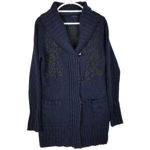 Sonia Bogner 100% Cashmere Cardigan Navy Blue Floral Embroidery Shawl Collar 10